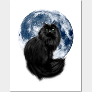 Black cat with moon Posters and Art